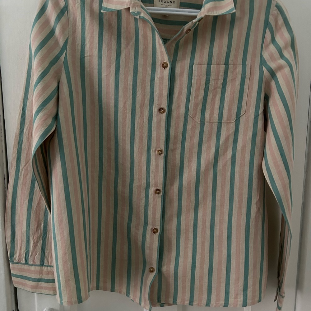 Sezane Striped Blouse in Pink and Turquoise
